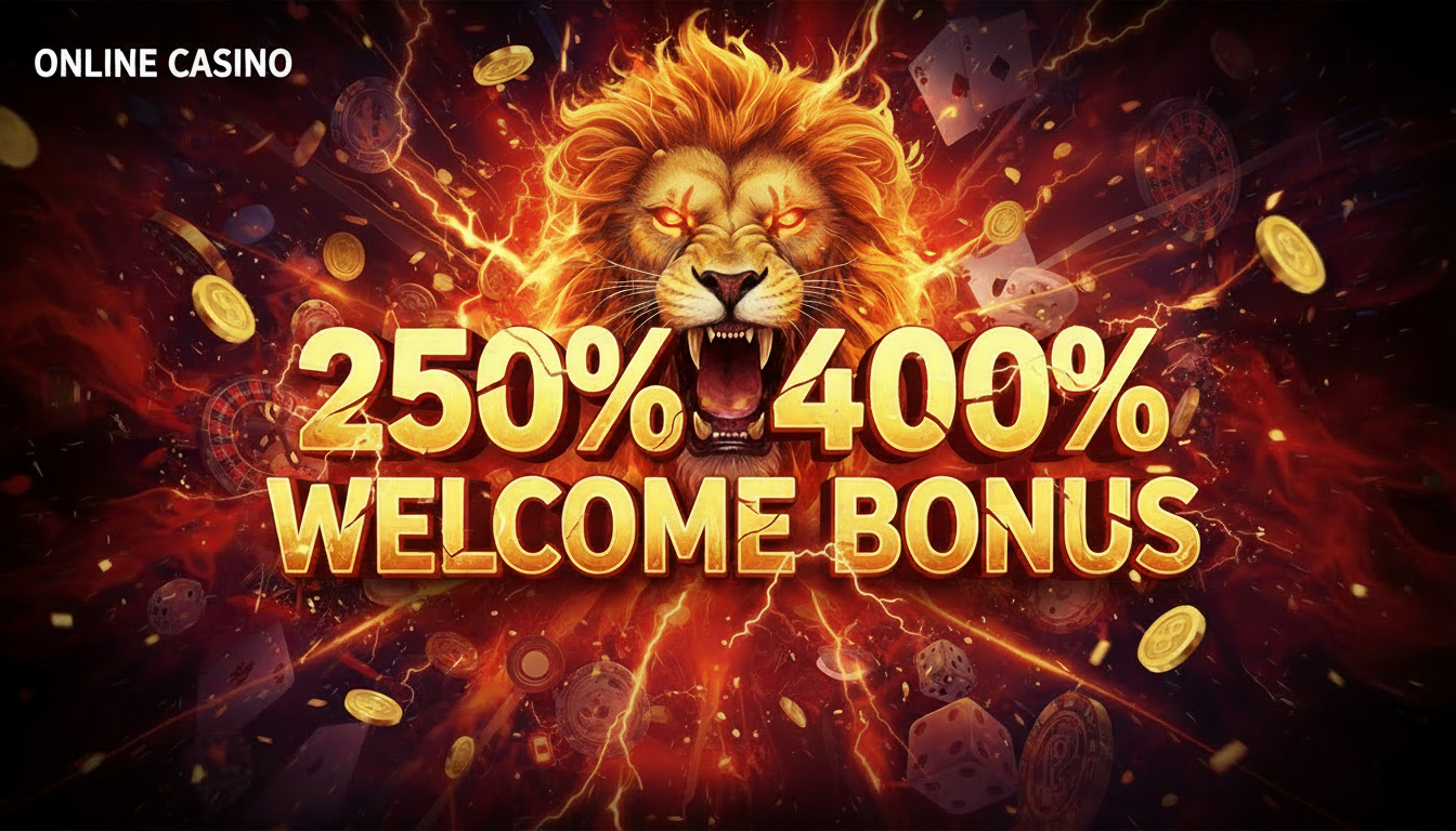 Online casino welcome bonus promotion featuring a roaring lion with glowing eyes, fiery lightning background, poker chips, dice, coins, and bold golden text: 'Online Casino 250% 400% Welcome Bonus'