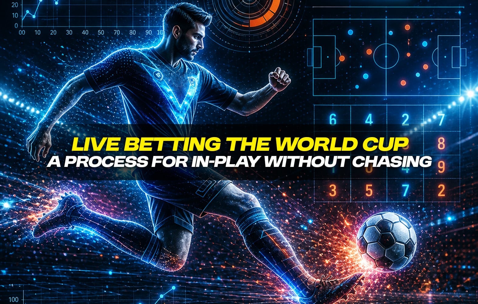 Futuristic soccer player kicking a glowing ball, surrounded by blue neon data and HUD analytics in motion