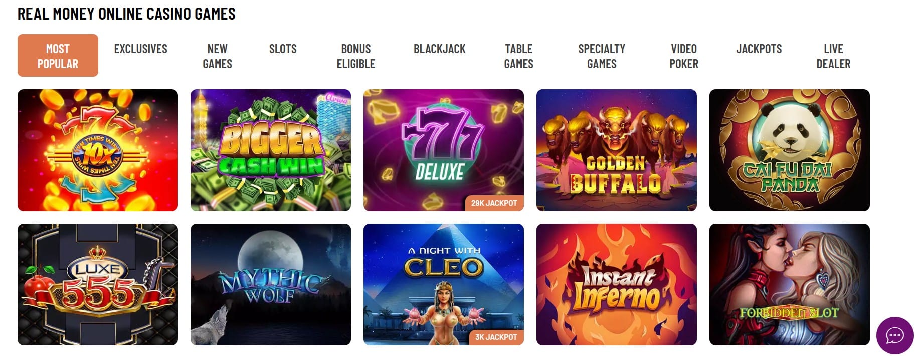 A banner of the Cafe Casino website displaying the available choice of games