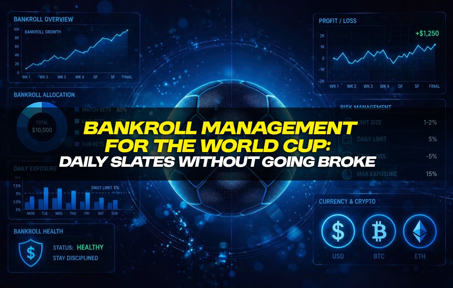 Futuristic soccer ball with holographic bankroll charts, profit graphs, and crypto icons, World Cup betting strategy banner
