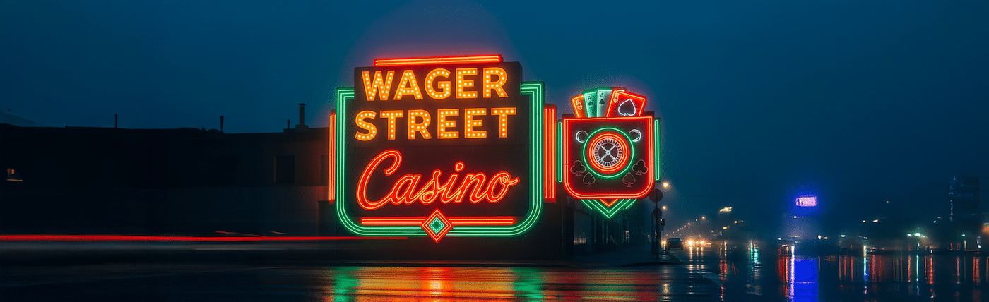 Graphic visualization of a casino building with neon signs reading WagerStreet Casino and casino symbols