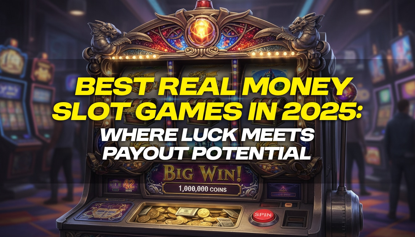 Close-up of a fantasy-themed slot machine showing dragons, treasure chests, and castle symbols, with glowing lights and players in the background, alongside the title ‘Best Real Money Slot Games in 2025: Where Luck Meets Payout Potential.’
