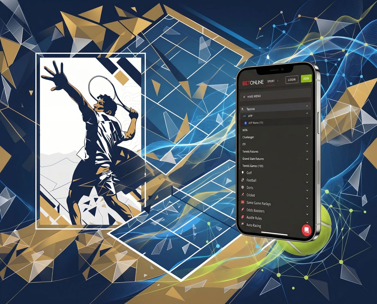 Sports betting website displayed on a smartphone and a tennis player making a shot against an abstract background.