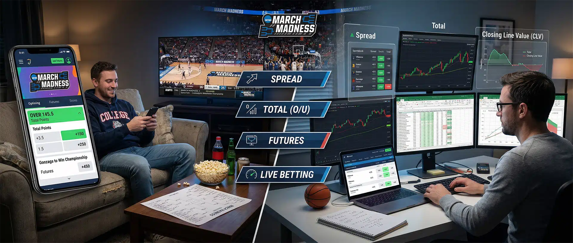 March Madness betting: fan using app on couch vs analyst tracking spreads, totals, odds.