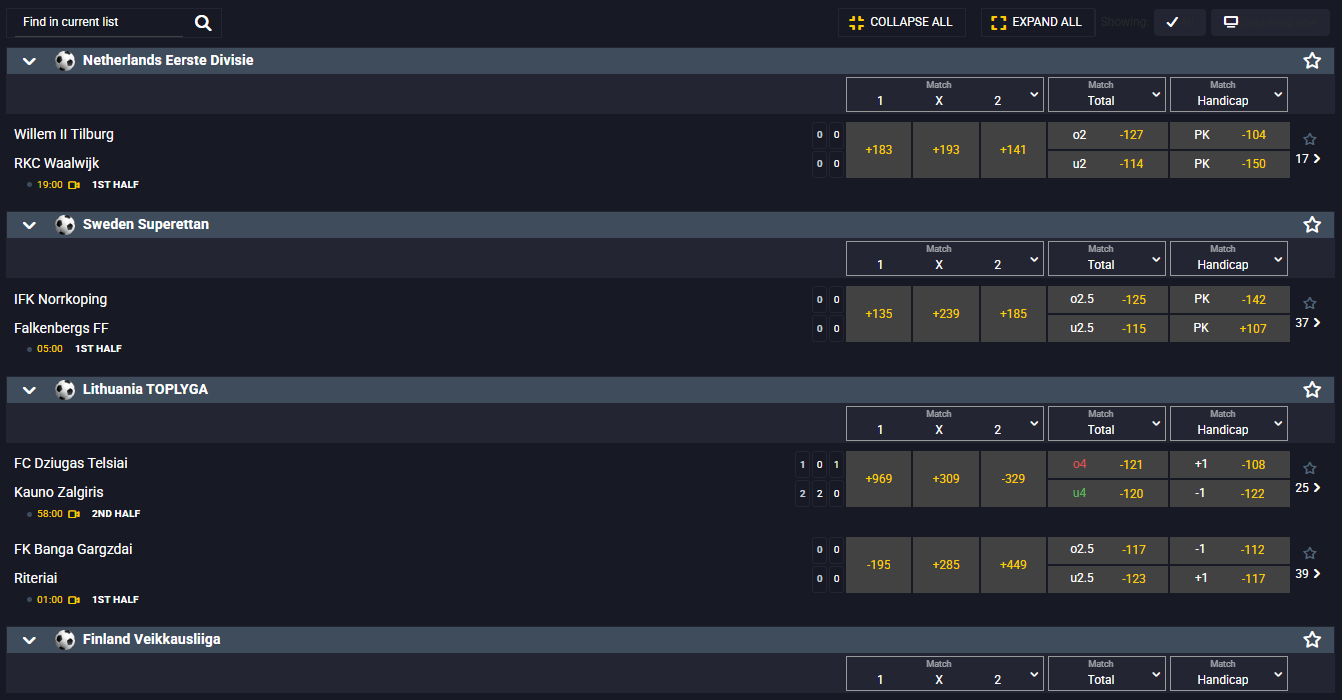 BetAnything sportsbook desktop interface displaying live soccer betting markets for multiple international leagues, including Netherlands Eerste Divisie, Sweden Superettan, Lithuania TOPLYGA, and Finland Veikkausliiga, with in-play match timers, live scores, three-way match odds, totals, handicap betting lines, expandable market controls, and league-based event listings.