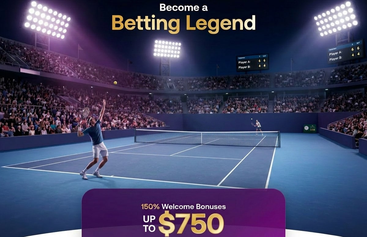 BetAnything sportsbook welcome bonus promotion banner featuring a nighttime tennis match in a packed stadium, with a player serving under bright floodlights and a 150% welcome bonus offer up to $750.