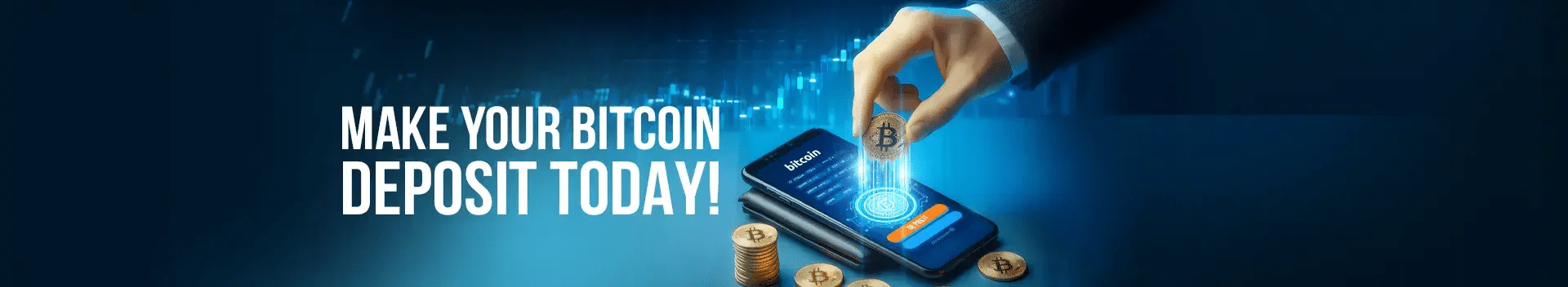 Hand placing a Bitcoin coin onto a smartphone screen displaying a BetNow deposit page, with the text ‘Make your Bitcoin deposit today!’ on a blue background.