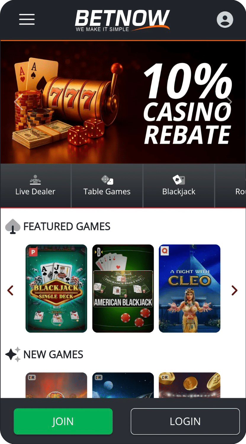 A mobile vision of the BetNow casino website