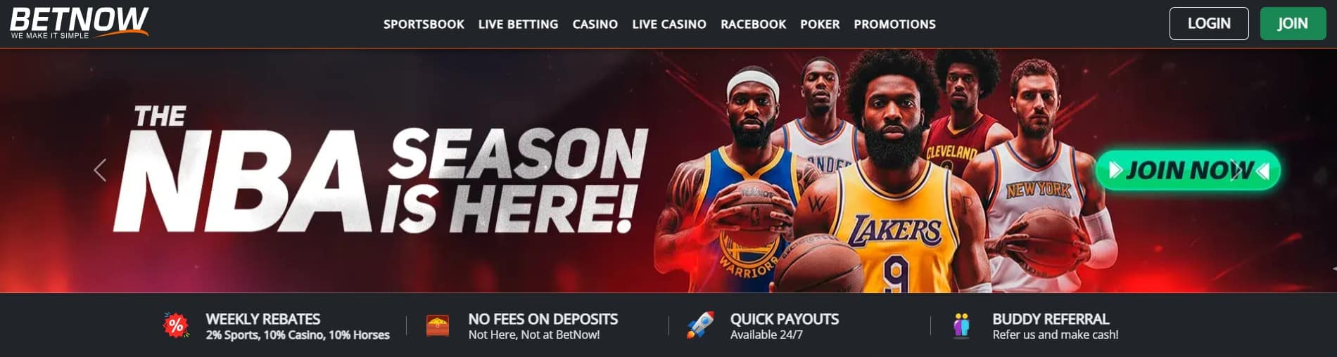 Sports betting banner featuring several basketball players in NBA-style uniforms with the headline ‘The NBA Season Is Here!’ and a green ‘Join Now’ button. Header includes navigation links for sportsbook, live betting, casino, racebook, poker, and promotions.