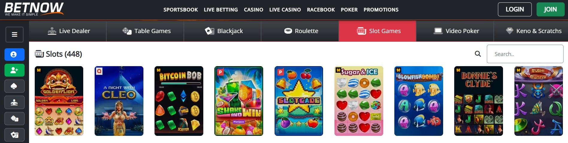 On the banner are displayed slot games and navigation menu on the BetNow casino website.