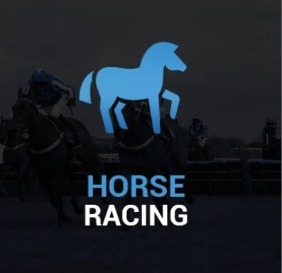 Black banner with blue horse icon and caption Horse racing