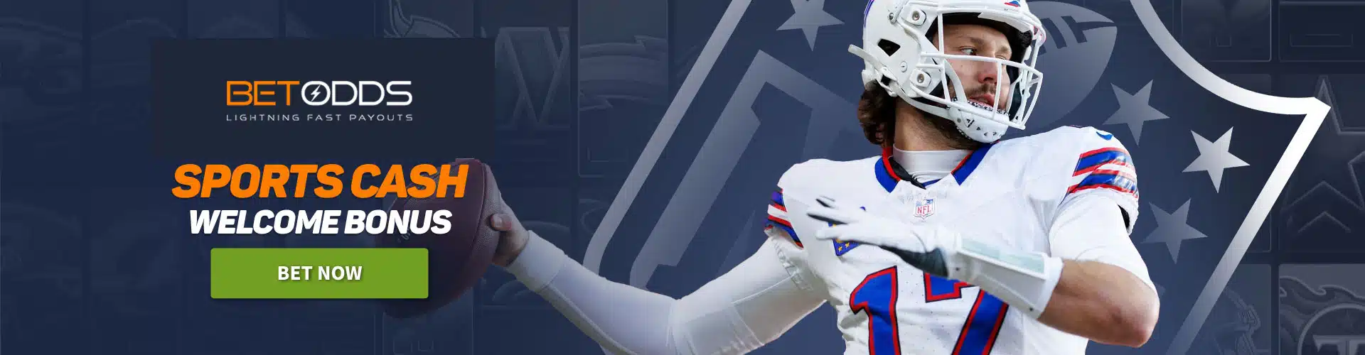BetOdds website banner featuring a football player with the orange text “Sports Cash Welcome Bonus” and a green “Bet Now” button.