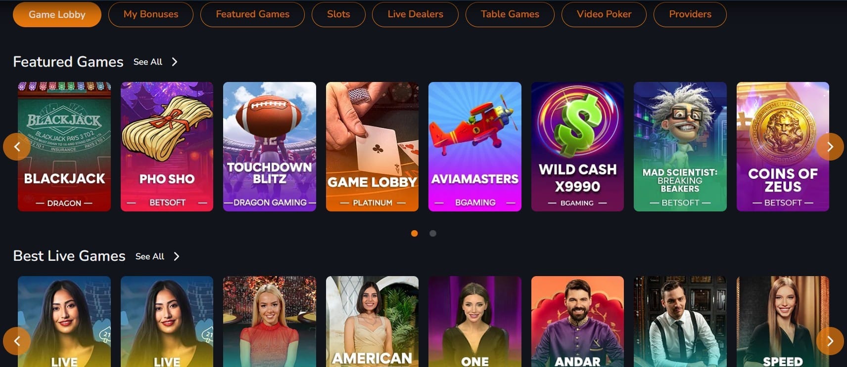 Online casino game lobby featuring popular games like Blackjack, Pho Sho, Touchdown Blitz, Game Lobby, Aviamasters, Wild Cash X9990, Mad Scientist: Breaking Beakers, and Coins of Zeus, along with live dealer games including American, One, Andar, and Speed.