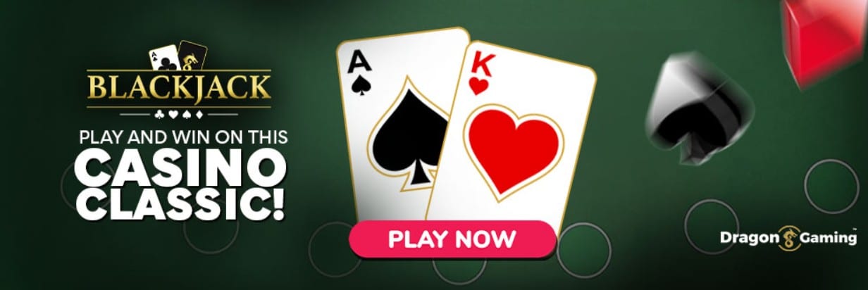 Blackjack casino game banner featuring Ace of Spades and King of Hearts cards with a “Play Now” button from Dragon Gaming.
