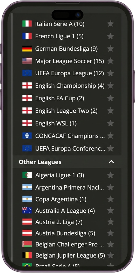 BetOnline sportsbook mobile interface displaying a dark-themed list of soccer leagues with country flags, league names, match counts, and favorite star icons.