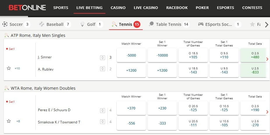 BetOnline live betting sportsbook screenshot showing live tennis matches and betting odds for ATP Rome, WTA Rome doubles, and ATP Challenger Zagreb events.