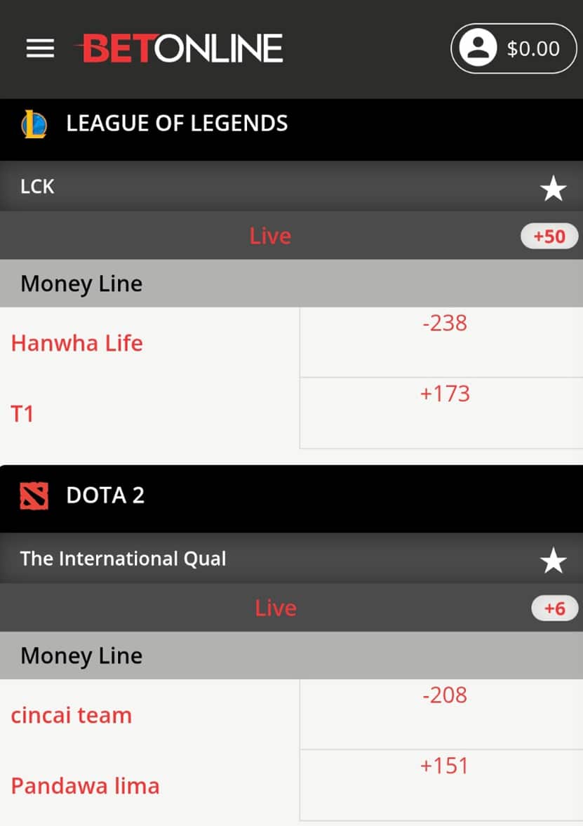 BetOnline esports betting site sportsbook interface showing betting odds of League of Legends and Dota 2