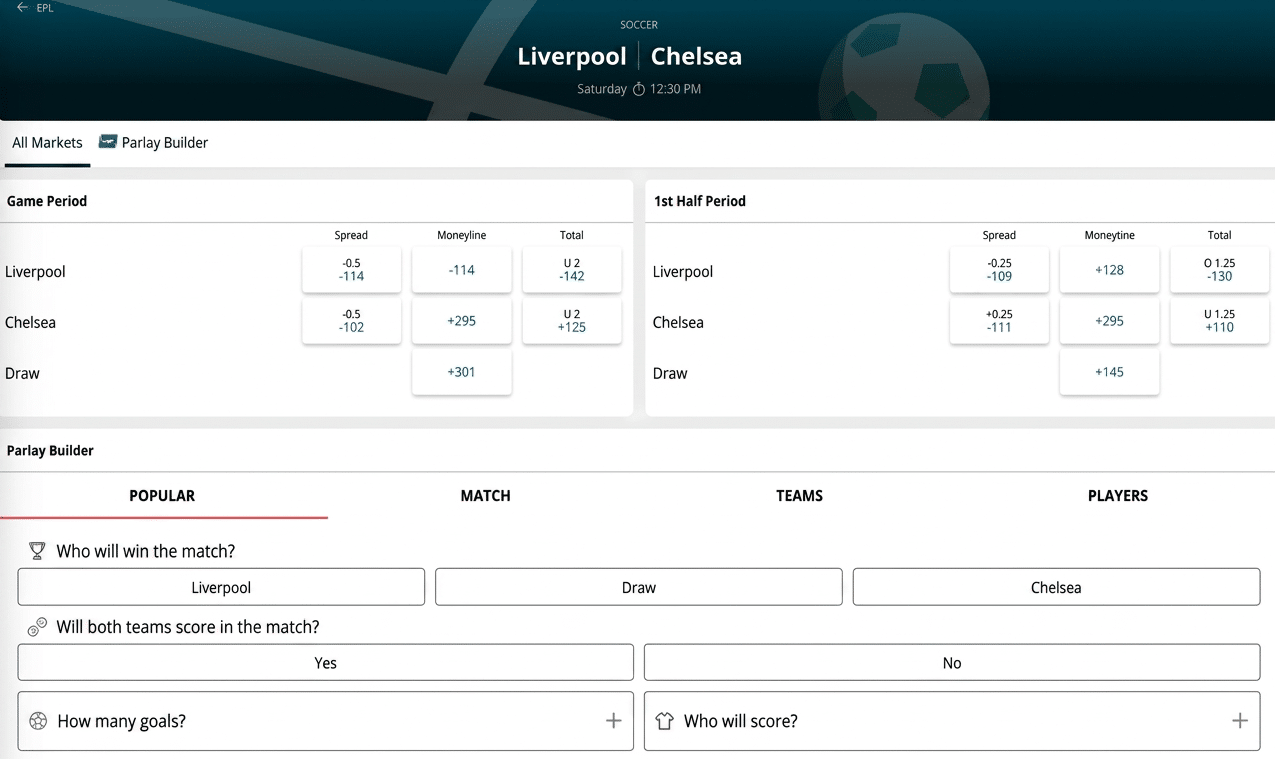 English Premier League screenshot showing Liverpool vs Chelsea parlay builder