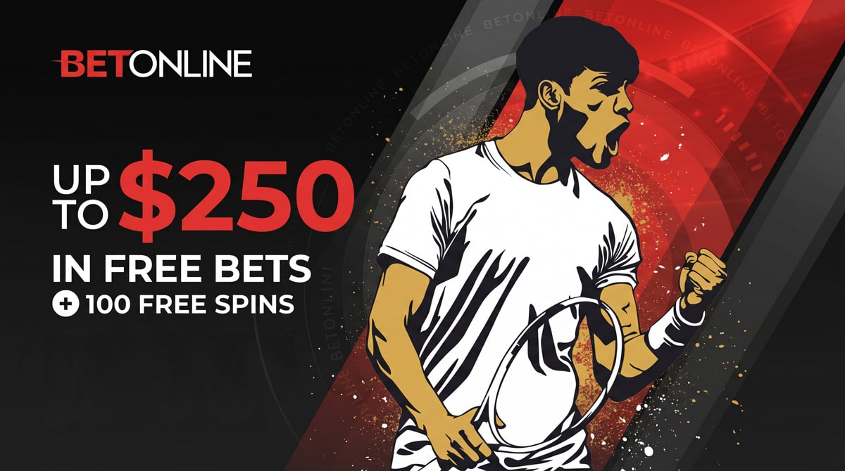 BetOnline sportsbook promotion with up to $250 in free bets, free spins offer, and a celebrating tennis player illustration.
