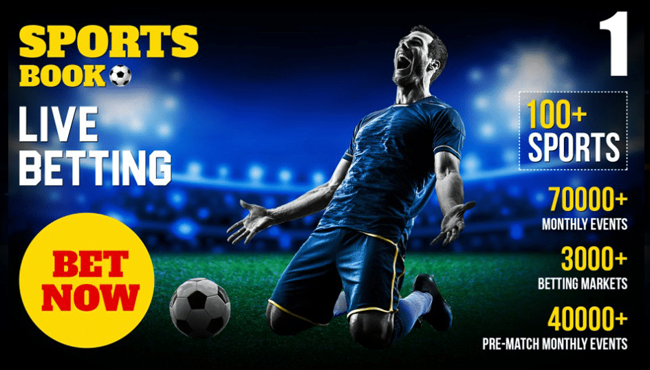 Promotional graphic for a sportsbook and live betting platform. It shows a soccer player in blue celebrating on the field with stadium lights in the background. Text highlights include ‘SPORTS BOOK,’ ‘LIVE BETTING,’ ‘BET NOW,’ and statistics such as ‘100+ Sports,’ ‘70,000+ Monthly Events,’ ‘3,000+ Betting Markets,’ and ‘40,000+ Pre-Match Monthly Events.