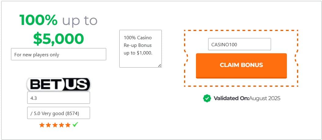 A white banner with an orange button for claiming a Betus casino Re-up bonus