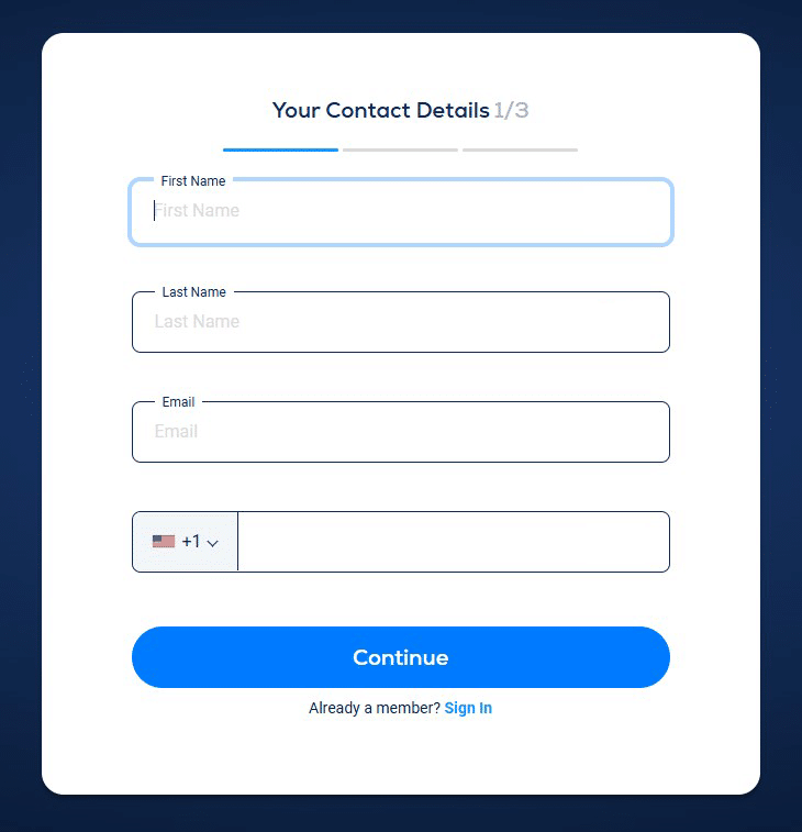 White sign-up form at the Betus casino website
