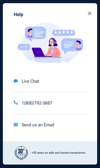 White contact form at the Betus casino website