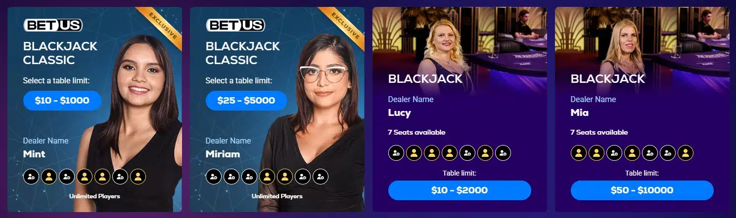 Banner from an online casino with options for playing BlackJack with live dealers.