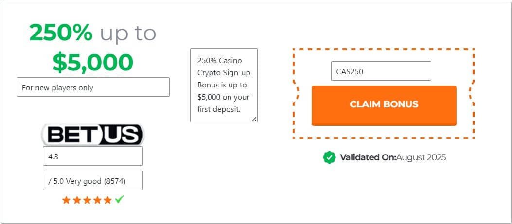 A white banner with an orange button for claiming a Betus casino bonus
