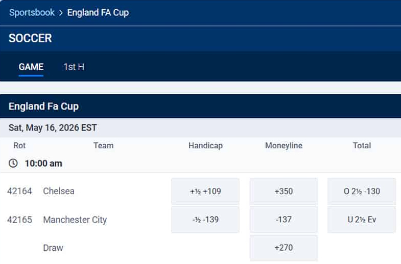 FA cup betting site BetUs Sportsbook screenshot of the odds section