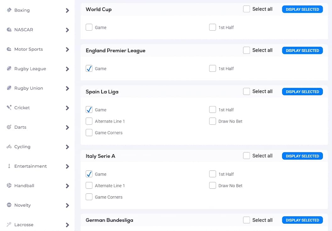 BetUS sportsbook desktop interface displaying a betting market customization page, with a sidebar of sports categories including Boxing, NASCAR, Rugby, Cricket, and Cycling, alongside selectable betting options for competitions such as the World Cup, England Premier League, Spain La Liga, Italy Serie A, and German Bundesliga, featuring checkboxes for game markets, first-half bets, alternate lines, game corners, draw no bet, and “Display Selected” action buttons.