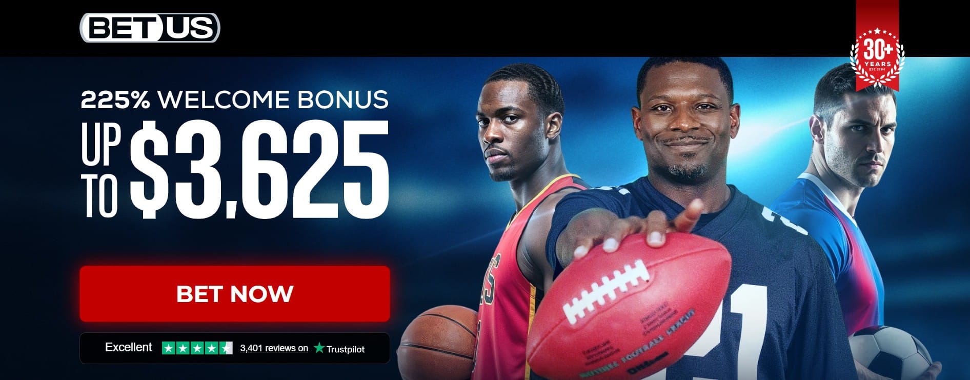 Promotional BetUS sports betting banner advertising a 225% welcome bonus up to $3,625, featuring three male athletes representing football, basketball, and soccer, a red ‘Bet Now’ button, Trustpilot rating, and a ‘30+ years’ badge on a blue gradient background.