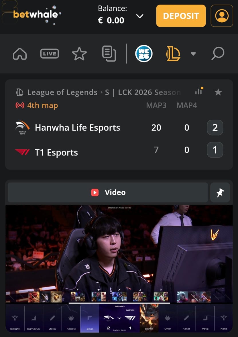 BetWhale esports betting site sportsbook interface showing a live game of League of Legends