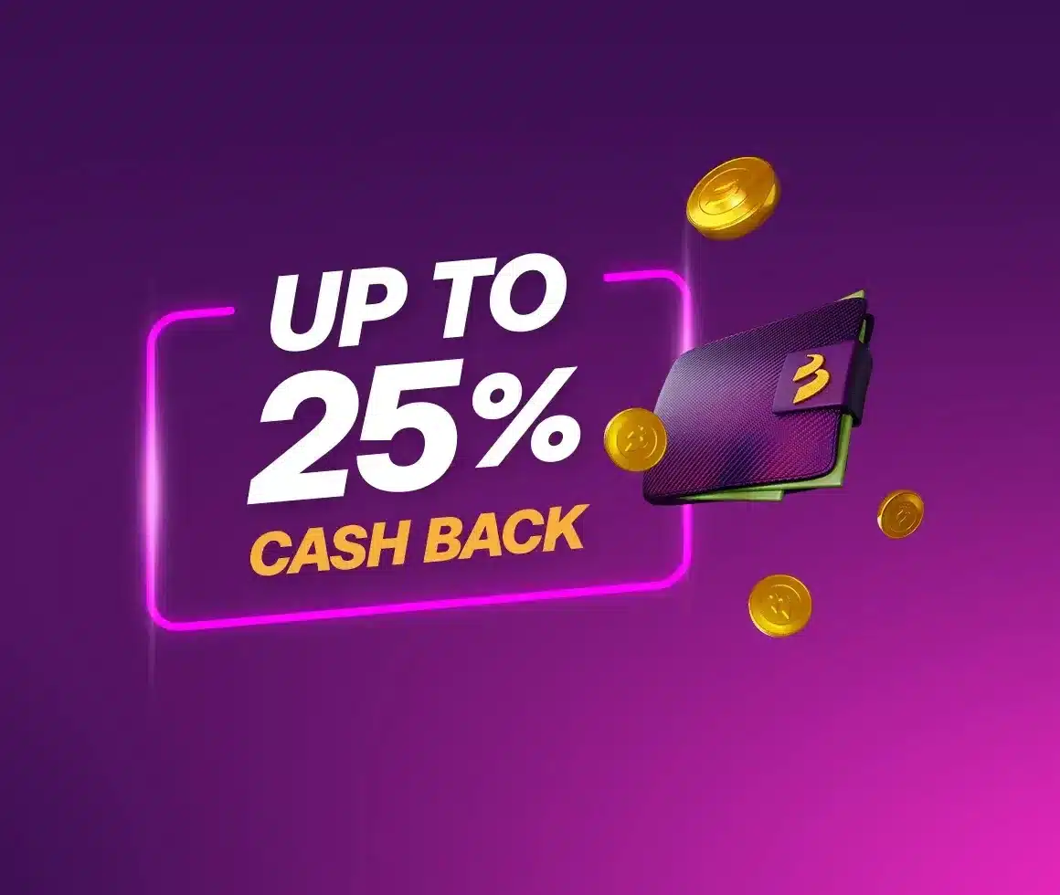 A purple banner of the BetAnything bonus campaign: Cash Back – up to 25%