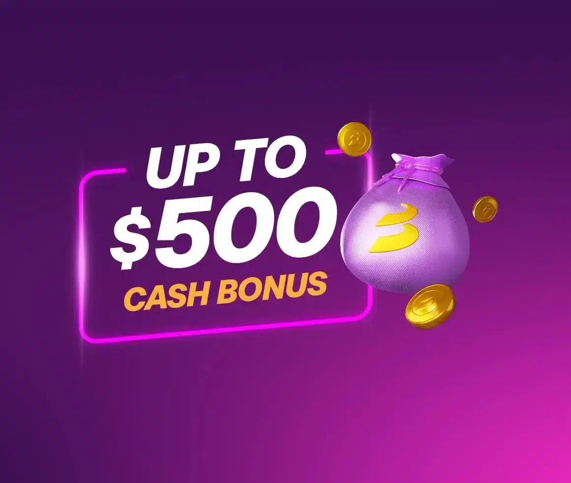 A purple banner of the BetAnything bonus campaign: Cash Bonus – up to $500