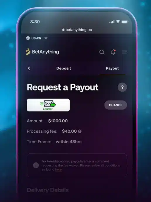 An image of the mobile version of the BetAnything page for payout request.