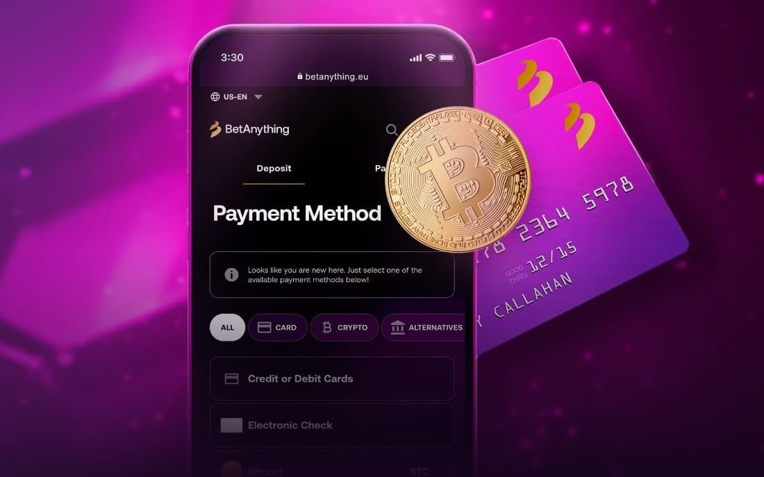 An image of a mobile phone displaying the BetAnything website. At the top is a cryptocurrency, and behind the mobile phone are credit cards.
