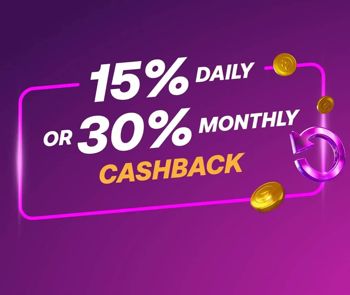 A purple banner of the BetAnything bonus campaign: Cash Back – up to 30%