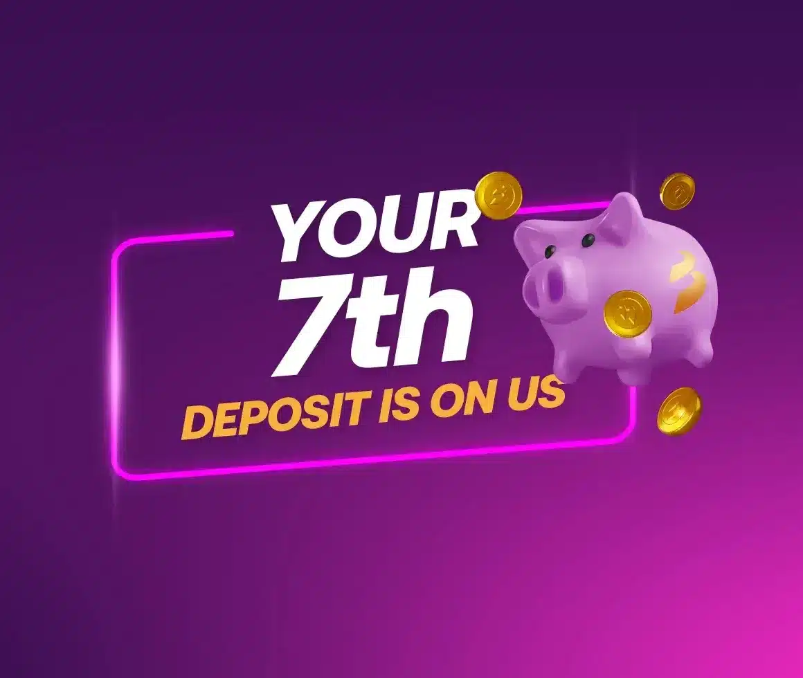 A purple banner of the BetAnything bonus campaign: 7th Deposit on Us
