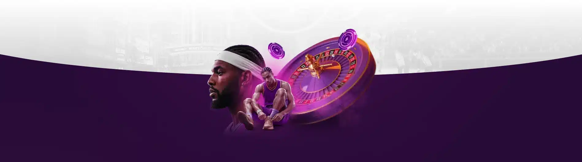 BetAnything sportsbook banner with a basketball player and a roulette in the middle.