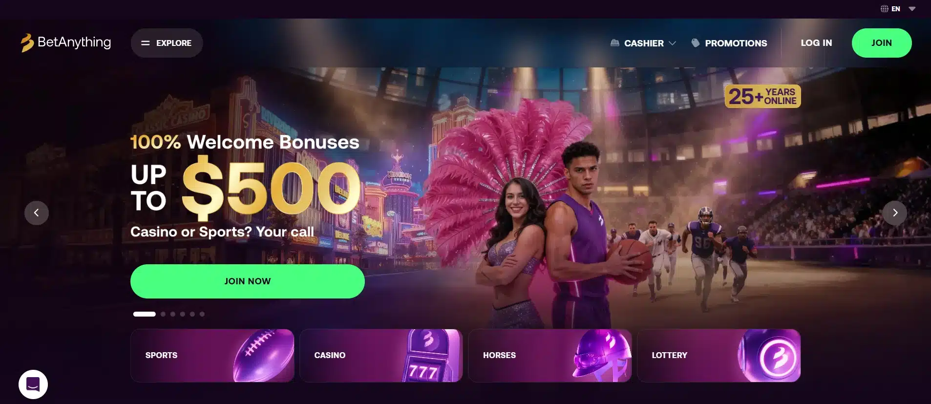 Screenshot from the BetAnything website home page showing 100% welcome bonus up to $500