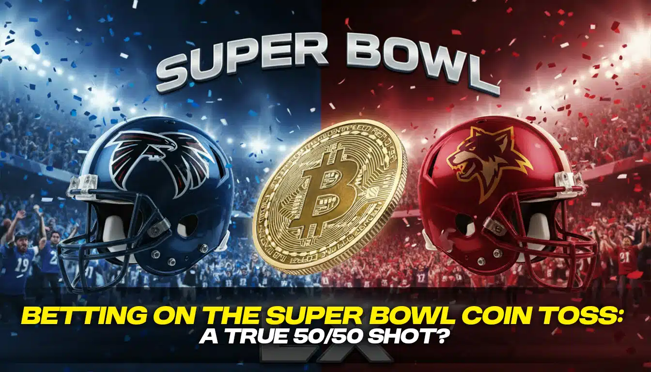 Super Bowl betting graphic showing two opposing football helmets, a Bitcoin coin in the center, and text about betting on the Super Bowl coin toss.