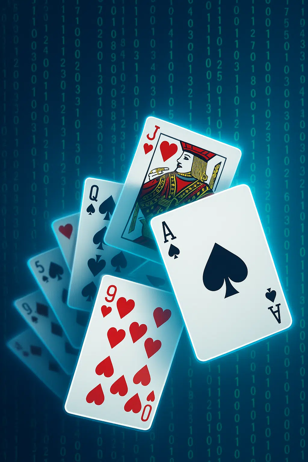 Digital illustration of online blackjack with playing cards in motion, glowing blue outlines, and a background of cascading neon green numbers resembling the Matrix, symbolizing randomness and casino RNG systems.