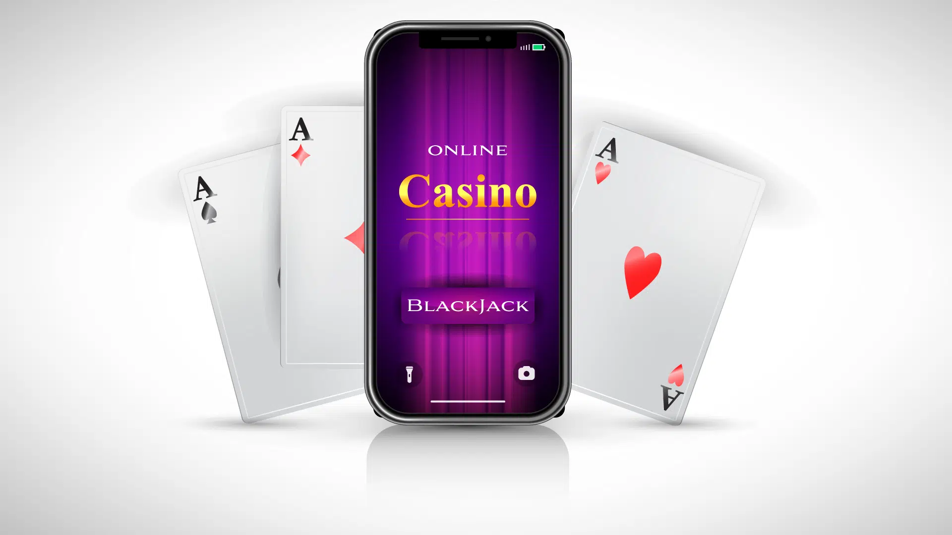 An image showing a mobile phone and three aces behind it. The message is Online Casino Blackjack