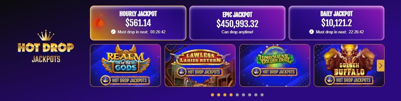 A banner of Bovada casino Hot Drop Jackpots. It displays the amounts of the Hourly Jackpot, Daily Jackpot and the Epic Jackpot