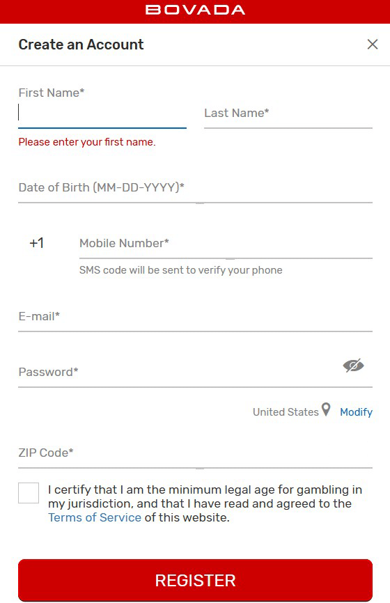 A banner of the Bovada casino register form