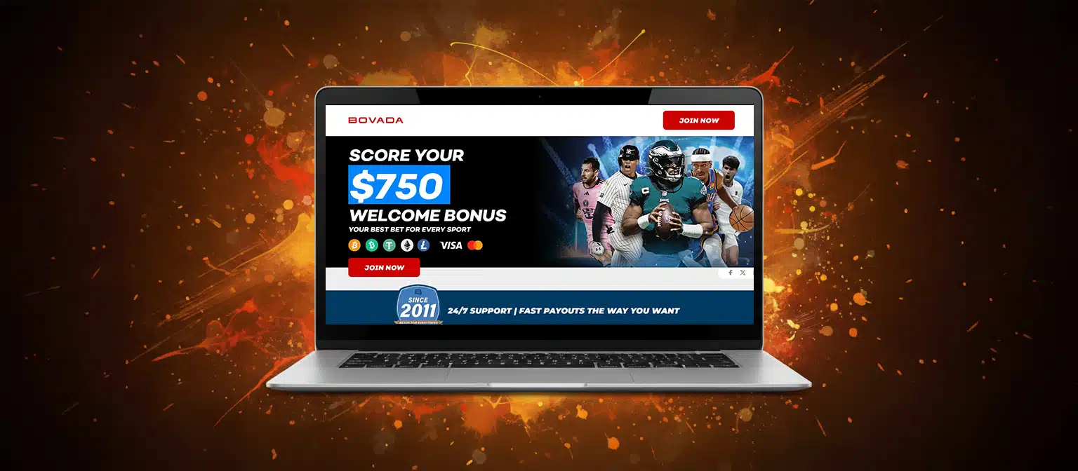 Laptop displaying Bovada sportsbook with athletes and a $750 welcome bonus
