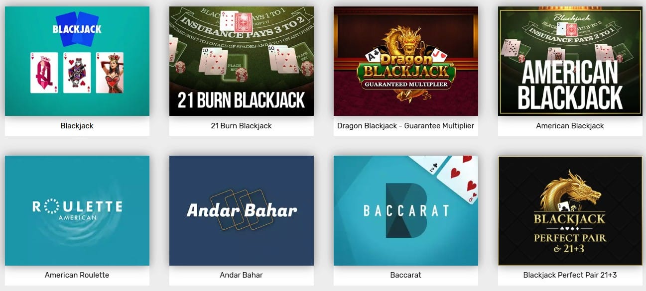 A banner of the table games offered in Bovada casino