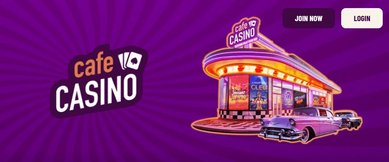 Café Casino homepage banner with a neon retro diner-style casino, classic cars, and buttons labeled ‘Join Now’ and ‘Login’.