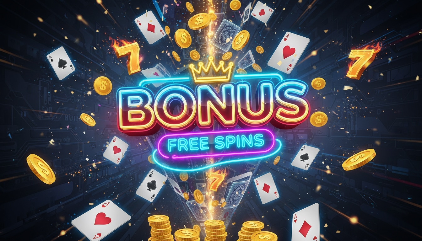 Casino-themed promotional graphic with neon text 'BONUS' and 'FREE SPINS', surrounded by playing cards, gold coins, flaming sevens, and sparkles on a dark digital background